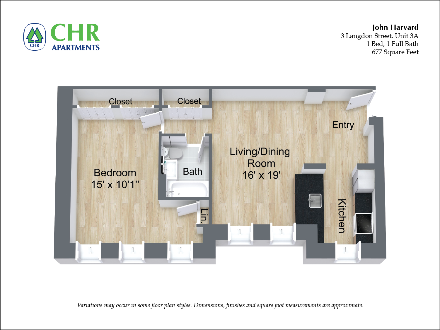 Floor plan for 1 bed, 1 bath, 690 sqft